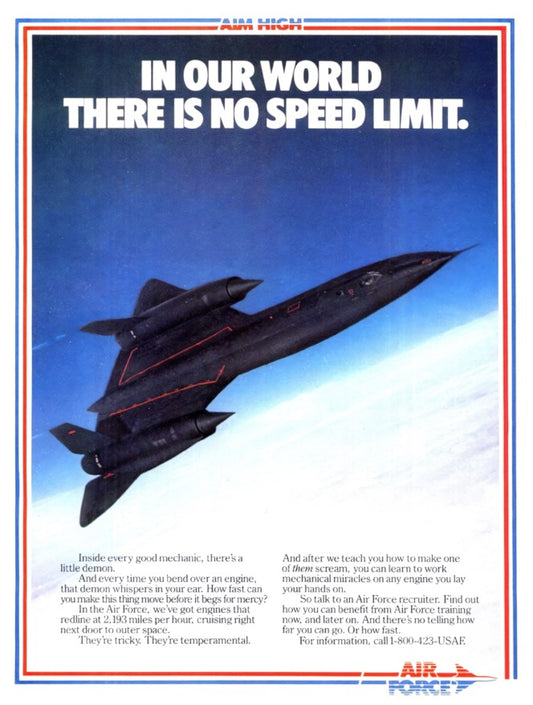 The "In our world there is no speed limit" USAF Recruitment Advert by Warfare Media features a sleek black stealth aircraft, likely an SR71 Blackbird, against a gradient blue sky. Bold text invites you to explore joining the US Air Force.