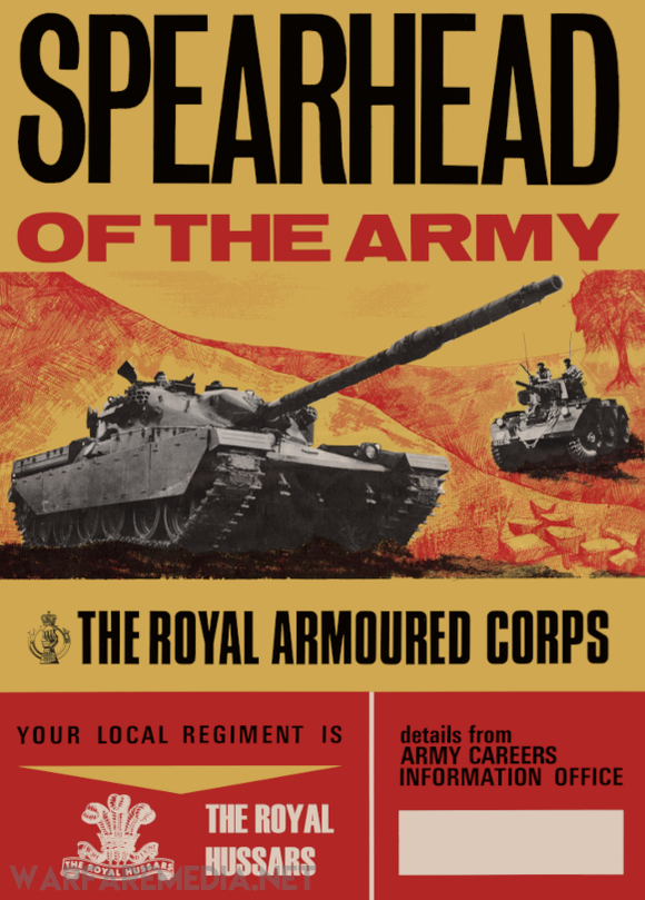 The "SPEARHEAD OF THE ARMY" RAC Recruitment Ad by Warfare Media is a vintage recruitment poster printed on FSC-certified paper. It features two Chieftain main battle tanks alongside bold text reading "Spearhead of the Army." The poster promotes The Royal Armoured Corps and includes additional details for enlisting, as well as information about local regiments at the lower section of the poster.