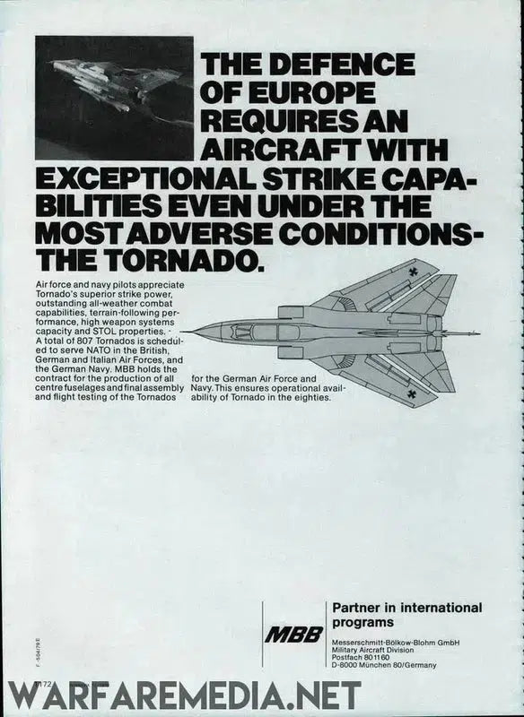 A black and white MBB Tornado Ad by Warfare Media features an image of the Tornado aircraft. Text highlights its exceptional strike capabilities even under adverse conditions, stressing its importance for European defense. Printed on high-quality posters with FSC-certified paper, the MBB logo and partnership details are at the bottom right.