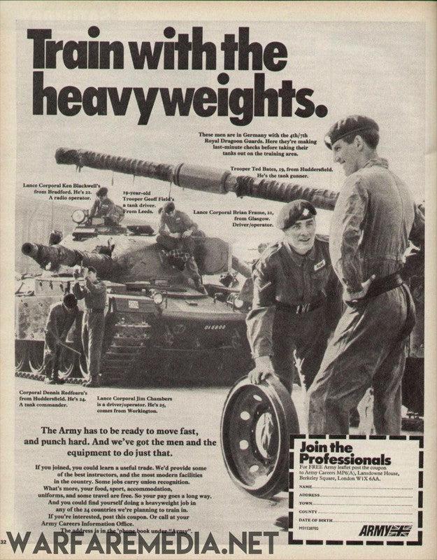 Warfare Media's "Train with the Heavyweights" Army Recruitment Ad is a vintage military poster showcasing soldiers of the Royal Dragoon Guards operating a large artillery gun. Printed on high-quality semi-glossy paper, the headline reads, "Train with the heavyweights," accompanied by brief descriptions of various soldiers and roles. The bottom text encourages joining the Army and provides contact details.