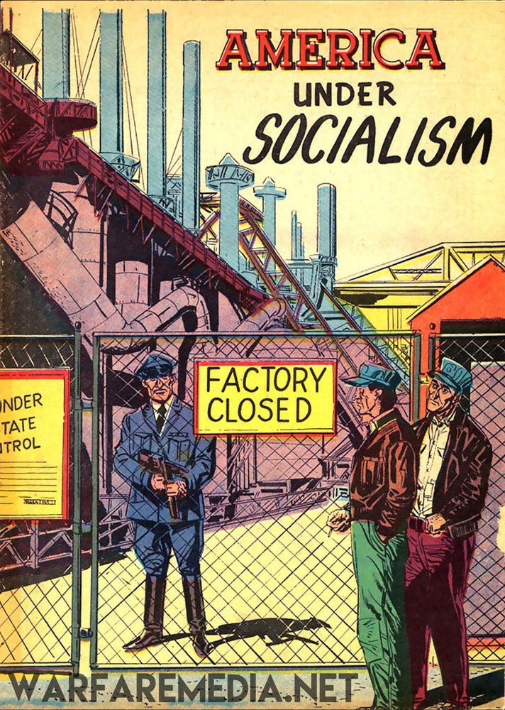 A vivid, high-quality poster by Warfare Media titled "America under Socialism" features a vintage illustration of a factory with a "CLOSED" sign. At the gate stands a uniformed guard beside a sign that reads "UNDER STATE CONTROL," while two men in caps and jackets look on disapprovingly. The poster is expertly printed on semi-glossy paper for an authentic look.