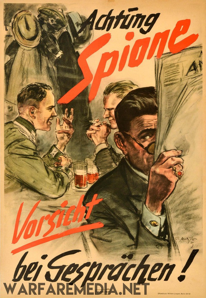 The Warfare Media German "Beware of Spies" Ad, printed on FSC-certified paper, features a vintage poster depicting a man eavesdropping behind a curtain as two men converse over drinks. The text reads "Achtung Spione Vorsicht bei Gesprächen!" which translates to "Attention Spies Beware of Conversations!".