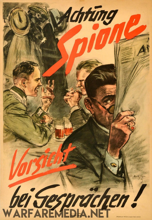 The Warfare Media German "Beware of Spies" Ad, printed on FSC-certified paper, features a vintage poster depicting a man eavesdropping behind a curtain as two men converse over drinks. The text reads "Achtung Spione Vorsicht bei Gesprächen!" which translates to "Attention Spies Beware of Conversations!".