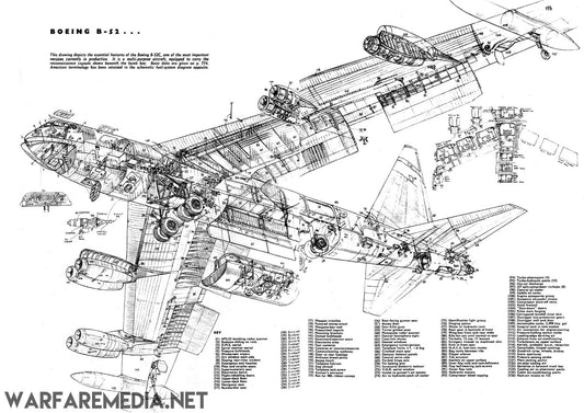 The B52 Cut Away by Warfare Media is a detailed schematic diagram of a Boeing B-52 aircraft, printed on semi-glossy paper. It showcases its internal components and structure with labeled sections and parts, each accompanied by corresponding numbers and descriptions. A watermark reading "WARFAREMEDIA.NET" is located at the bottom left.