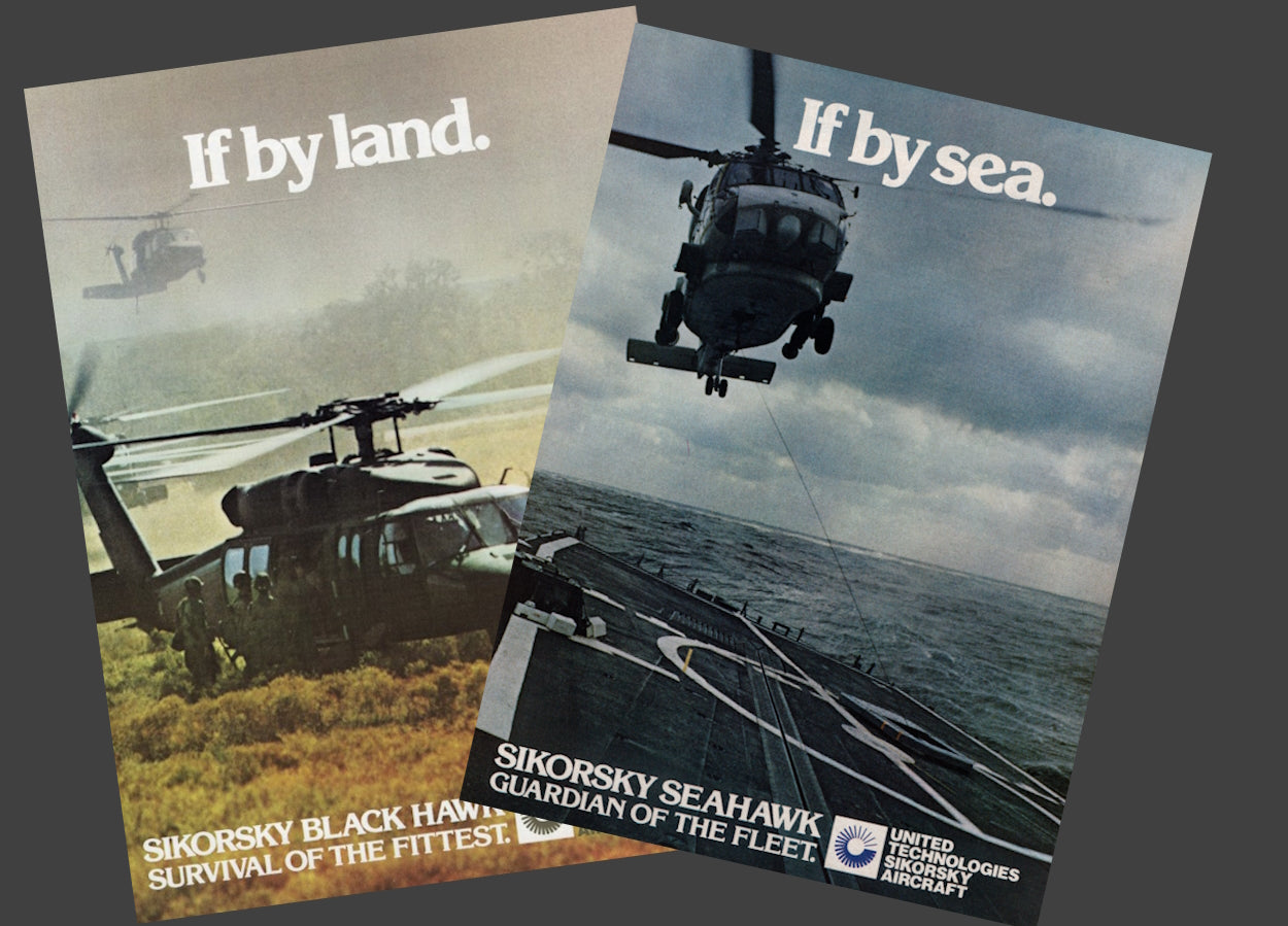 Introducing Warfare Media's "if by" UH60 Bundle: Two posters; the left features a Black Hawk with "If by land. Sikorsky Black Hawk: Survival of the fittest," and the right displays a Seahawk over water with "If by sea. Sikorsky Seahawk: Guardian of the fleet.