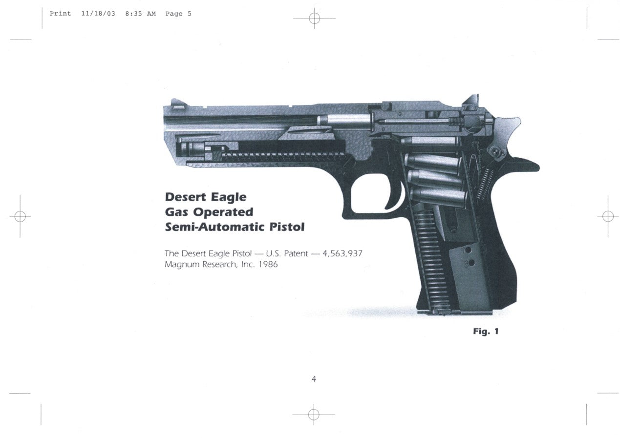 An illustration of the IWI Deagle print, shown from the side on high-quality semi-glossy paper, with text indicating it's a U.S. Patent from Magnum Research Inc., dated 1986. The image is labeled as Fig. 1, and the date "11/18/03" is printed in the top left corner. This print is brought to you by Warfare Media.