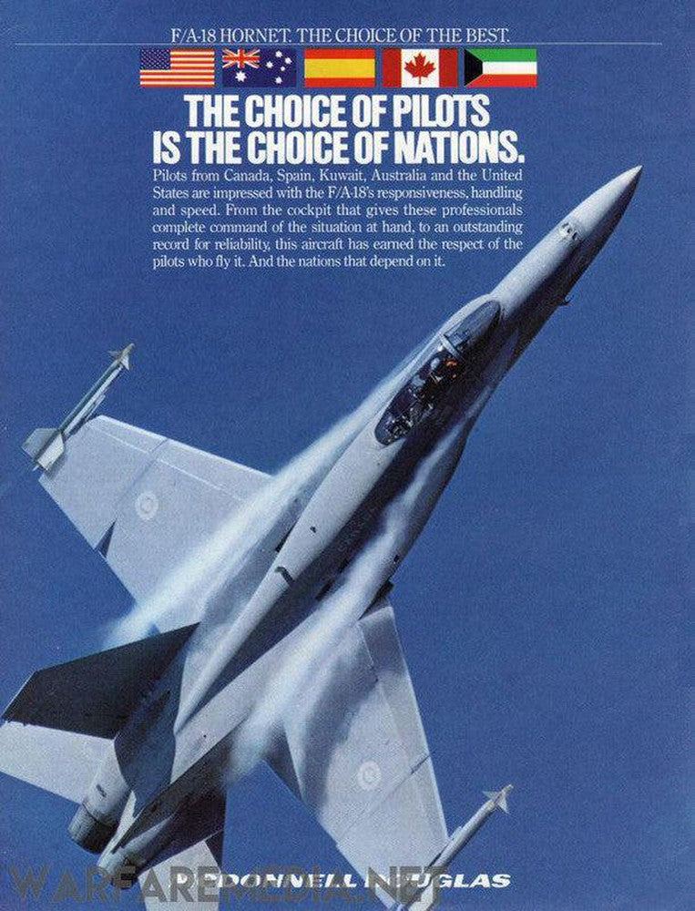 An F-18 "Choice of Nations" Sales Ad from Warfare Media features an F/A-18 Hornet jet soaring against a blue sky. Above the jet, text reads, "The Choice of Pilots is the Choice of Nations," with flags from various countries. Printed on high-quality semi-glossy paper and delivered in robust packaging, it includes information about the F/A-18's features and pilot endorsements.