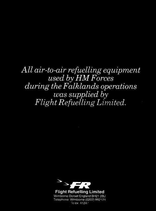 A black background with white text states that all air-to-air refuelling equipment used by HM Forces during the Falklands operations was supplied by Flight Refuelling Limited. The company's contact information is included at the bottom, all presented on FSC-certified paper for a sustainable touch. This advertisement is brought to you by Warfare Media under their product name "Flight Refuelling Limited Ad.