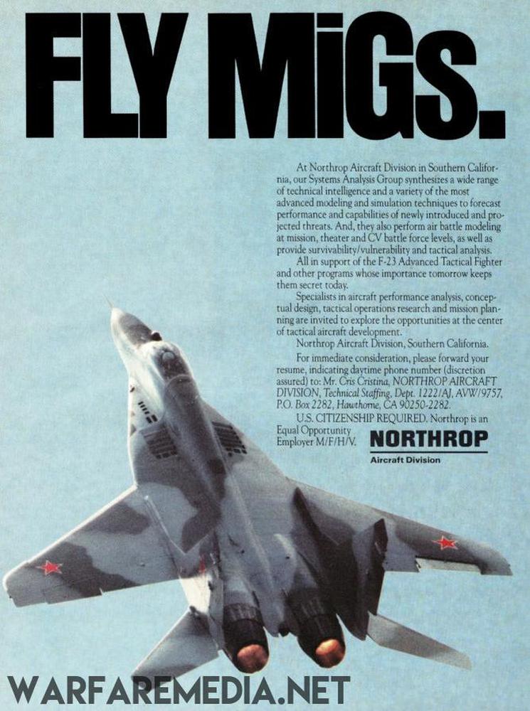 A Warfare Media advertisement features a MiG fighter jet in the sky, boldly stating "Fly MIG's." It invites exploration of career opportunities at Northrop Aircraft Division. Printed on high-quality semi-glossy paper, it includes the Northrop logo in the bottom right corner.