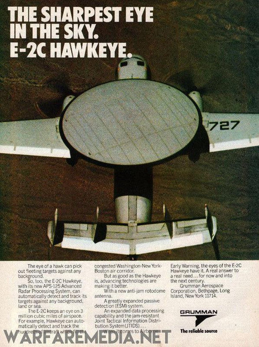 An advertisement for the E2-C Hawkeye Sales Ad by Warfare Media, featured on high-quality posters displaying an overhead view of the aircraft against a greenish background. The text emphasizes its advanced radar and surveillance capabilities, with Grumman Aerospace Corporation's contact details listed at the bottom.