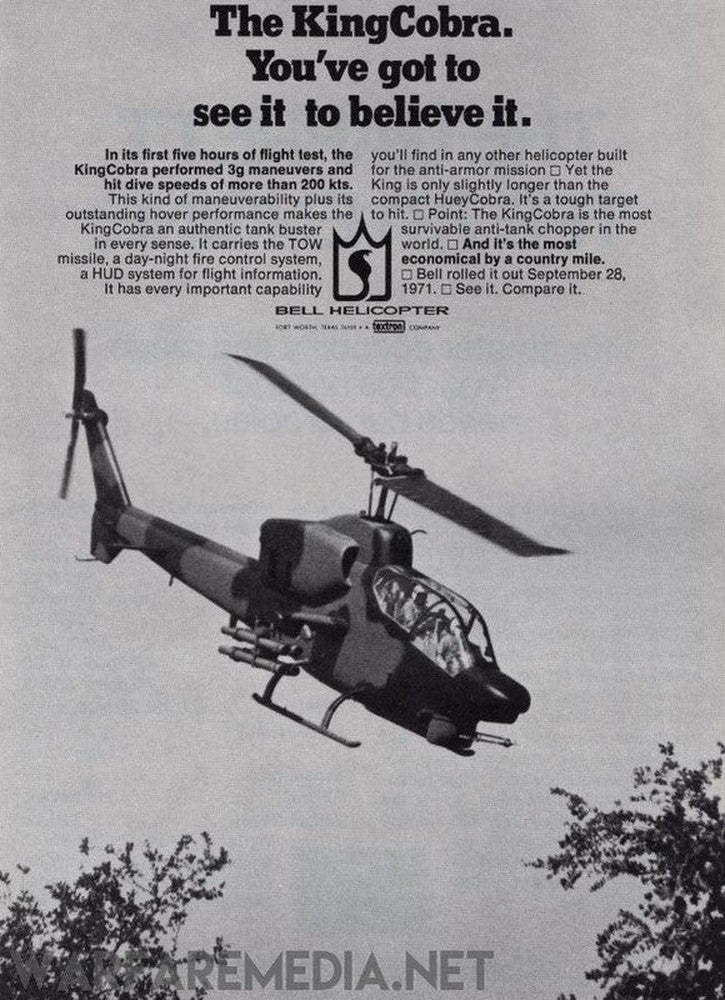 A black and white advertisement for the Warfare Media KingKobra Sales Ad, printed on FSC-certified semi-glossy paper. The text describes the advanced features and capabilities of the helicopter. The image showcases the KingKobra in flight, highlighting its design. The tagline reads "You've got to see it to believe it.