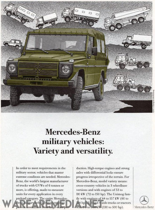 The Mercedes Benz Military Vehicles Sales Ad by Warfare Media showcases a green armored SUV prominently in the foreground, with high-quality posters of various military trucks and vehicles illustrated in the background. The text emphasizes the variety and versatility of these vehicles for extreme conditions.