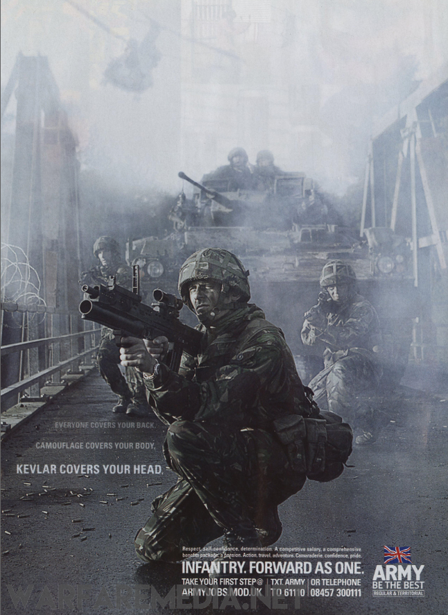 A group of soldiers in full combat gear, including helmets and camouflage uniforms, are advancing on a misty battlefield. The foreground soldier is kneeling and aiming a rifle. Text on the high-quality poster for "Infantry, forward as one" Army Recruitment Advert by Warfare Media includes motivational phrases and contact information for enlisting in the army.