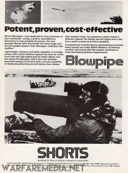 A black and white advertisement shows a soldier using the Shorts Blowpipe missile system. The accompanying text highlights the features and advantages of the Blowpipe, emphasizing its accuracy and efficacy in combat situations. Printed on FSC-certified paper with sturdy packaging, these high-quality posters proudly display the Shorts company logo alongside contact information, all under the Warfare Media brand name.