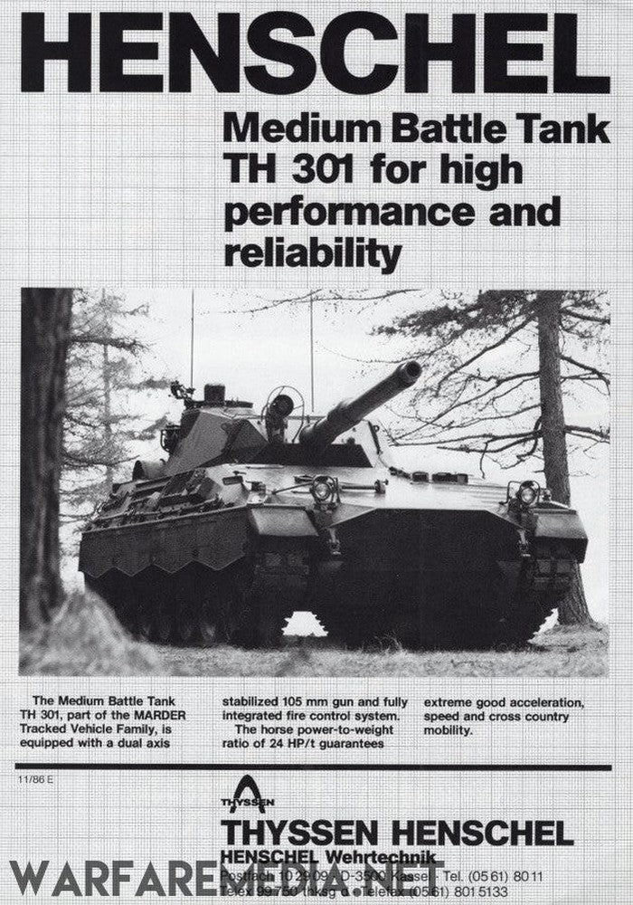 Black and white advertisement featuring a TH301 TAM Light Tank moving through a wooded area. The text highlights its high performance, reliability, 105 mm gun, dual-axis stabilizer, and integrated fire control system. Available as high-quality posters on semi-glossy paper. Contact Warfare Media for details.