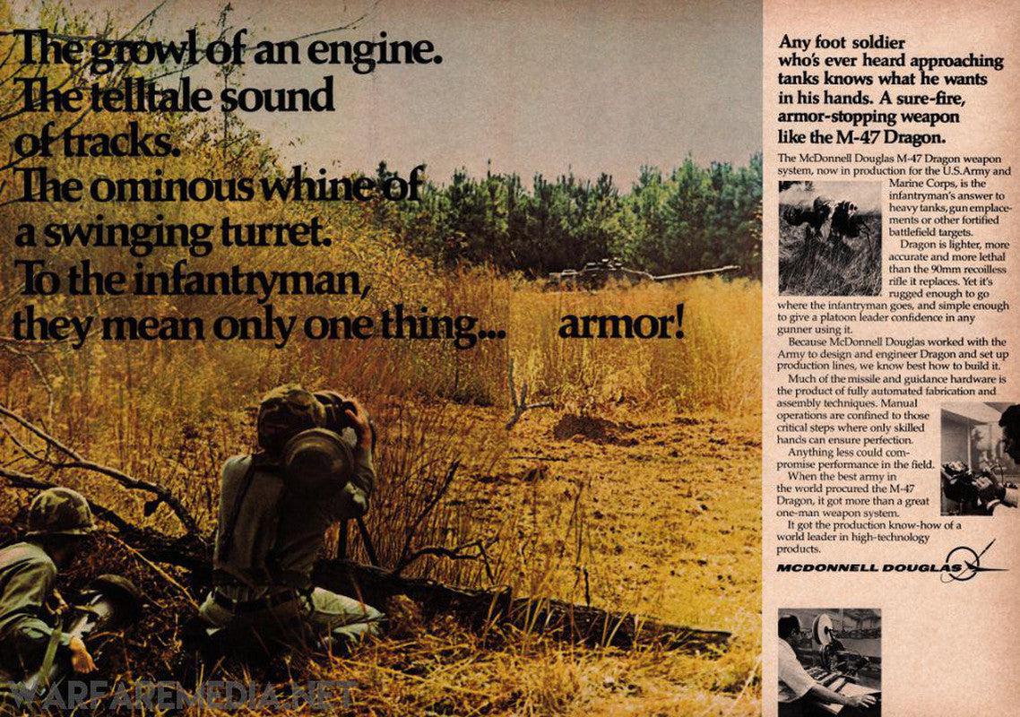 A vintage advertisement from Warfare Media showcasing the M47 Dragon Sales Advert. The ad features a photo of soldiers in a field with text promoting the effectiveness of the M47 Dragon against approaching tanks, all printed on high-quality posters. An image of the weapon is shown on the right.