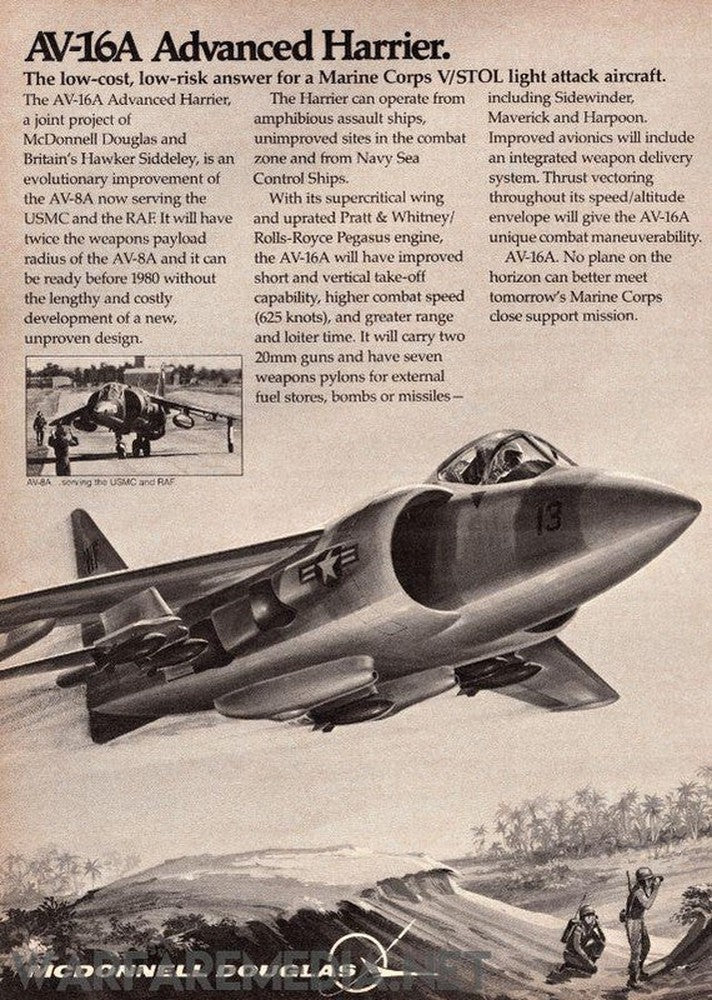 A vintage advertisement titled the AV16A USMC Sales Ad, produced by Warfare Media, features the Advanced AV-8A Harrier, a Marine Corps V/STOL light attack aircraft. Printed on high-quality semi-glossy paper, the ad includes an image of the jet in flight and detailed text about its capabilities, such as vertical lift and missile support, with a McDonnell Douglas logo at the bottom.