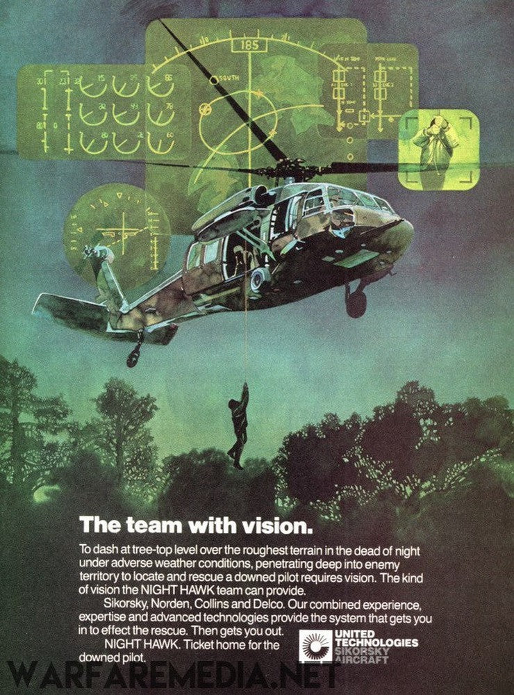 A helicopter hovers close to the ground at night, with a soldier being lowered by a cable. The background features green-tinted HUD displays and military imagery. A caption at the bottom highlights Warfare Media's Blackhawk "NIGHT HAWK" technology for aiding downed pilots, available on high-quality posters.