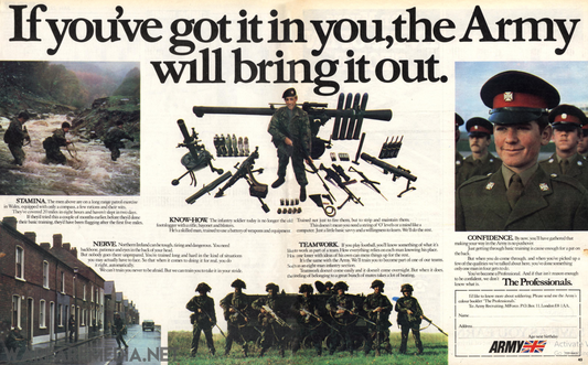 A military recruitment poster titled "If you've got it in you" Army Recruitment Advert by Warfare Media features soldiers in action scenes such as training, field exercises, and group formations. Printed on FSC-certified, high-quality semi-glossy paper, the poster highlights key qualities including stamina, know-how, nerve, teamwork, and confidence.