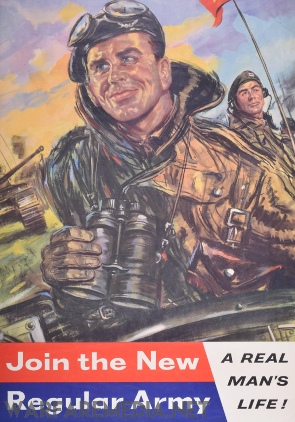 The "Real Man's Life" British Army Recruitment Advert by Warfare Media is a vintage poster showcasing two men in rugged uniforms, printed on semi-glossy paper. The man in the foreground smiles proudly while holding binoculars. The bold red, white, and blue text reads, "Join the New Regular Army - A Real Man's Life!