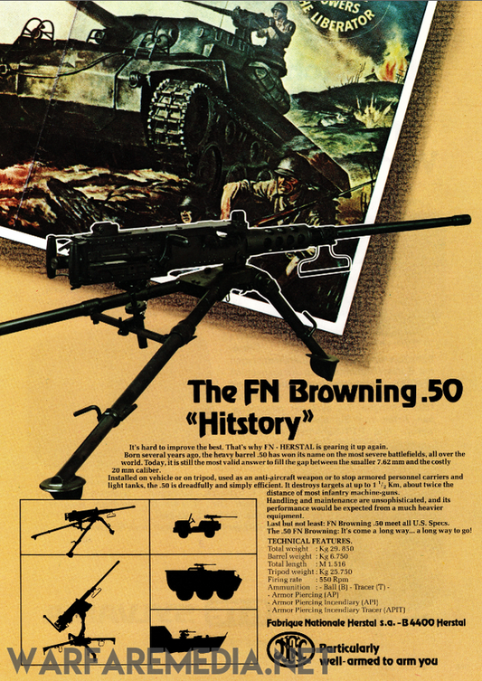 An advertisement for the FN M2 .50 Caliber Machine Gun by Warfare Media. It features a large image of the weapon, various technical diagrams, a historical painting of soldiers and a tank, and detailed specifications about its military effectiveness, all printed on FSC-certified paper to ensure sustainability.