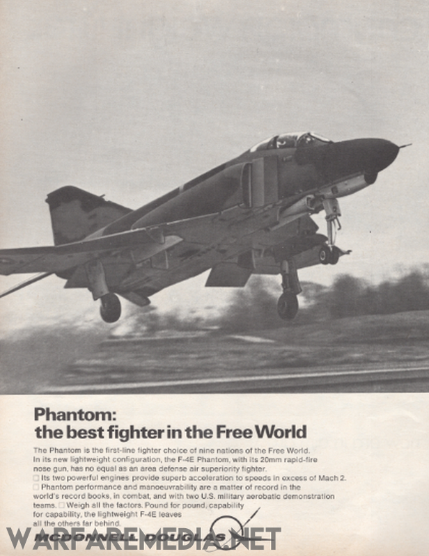 A grayscale image of an F-4E Phantom jet taking off, airborne with its landing gear extended, features prominently on high-quality posters from Warfare Media. Printed on FSC-certified paper, the text below describes the F-4E Phantom as the best fighter in the Free World, highlighting its speed, weaponry, and combat records. Titled "F4 Phantom 'Best Fighter in the Free World' Sales Ad," this captivating print is a testament to aviation excellence.