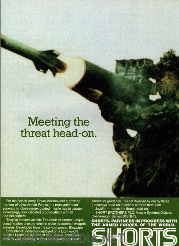 The Shorts Javelin Sales Ad by Warfare Media features a blurred image of a missile launching, with green text stating: "Meeting the threat head-on." The accompanying text highlights Shorts Brothers PLC's provision of advanced missile and aircraft technology to armed forces worldwide. All high-quality posters are printed on FSC-certified paper and come in robust packaging.