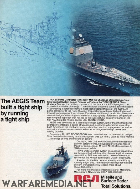 Advertisement for the AEGIS Tight Ship by Warfare Media, featuring a naval ship and text about the advanced AEGIS system. It is printed on high-quality, FSC-certified paper with a background that includes a faint outline of a ship and a detailed image marked "47" at the bottom. The text emphasizes the efficiency of the AEGIS Team and mentions RCA.