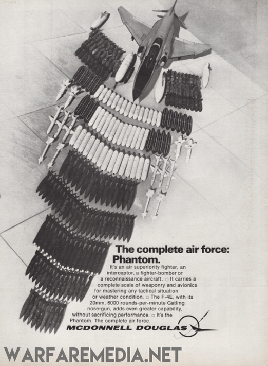 Black and white advertisement for the F4 Phantom "The Complete Air Force" Sales Ad by Warfare Media. The plane is showcased with an extensive array of weaponry arranged in front, demonstrating its multifaceted capabilities. Text emphasizes its versatility, detailing various uses and specifications. Printed on high-quality posters with robust packaging.