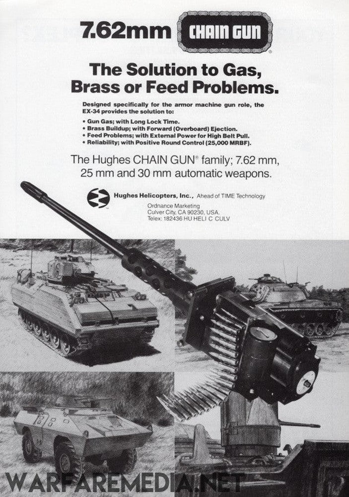 Black-and-white advertisement for the Hughes Chain Gun Sales Ad by Warfare Media, featuring images of the belt-fed weapon mounted on military vehicles, a soldier operating it, and a close-up of the gun. The text emphasizes its 7.62mm caliber and versatile capabilities on semi-glossy paper, with contact information provided.