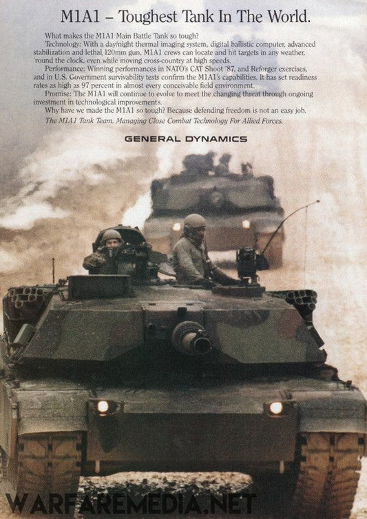 A military advertisement featuring the M1A1 "Toughest Tank in the World" Sales Ad from Warfare Media showcases the formidable tank navigating rugged terrain with soldiers aboard. The high-quality posters emphasize its exceptional capabilities and performance, promoting the tank's numerous advantages.