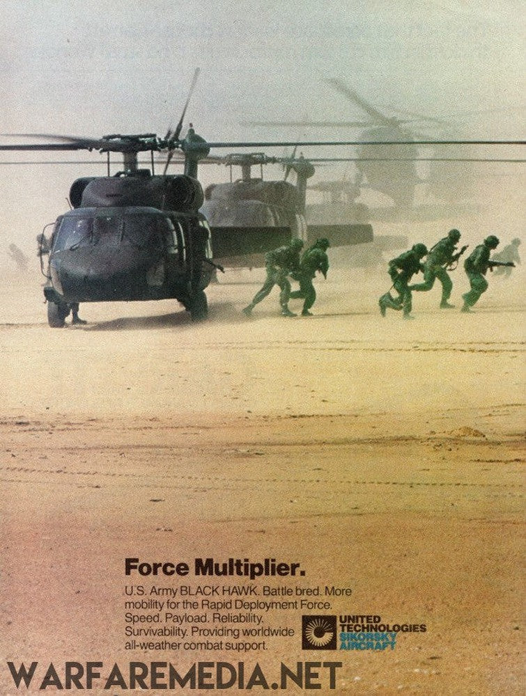 Several soldiers run towards military helicopters on a sandy terrain. The image, printed on high-quality posters with semi-glossy paper, features text at the bottom describing the U.S. Army Black Hawk's capabilities and shows the United Technologies logo. This scene is from Warfare Media's Blackhawk "Force Multiplier" Sales Ad.