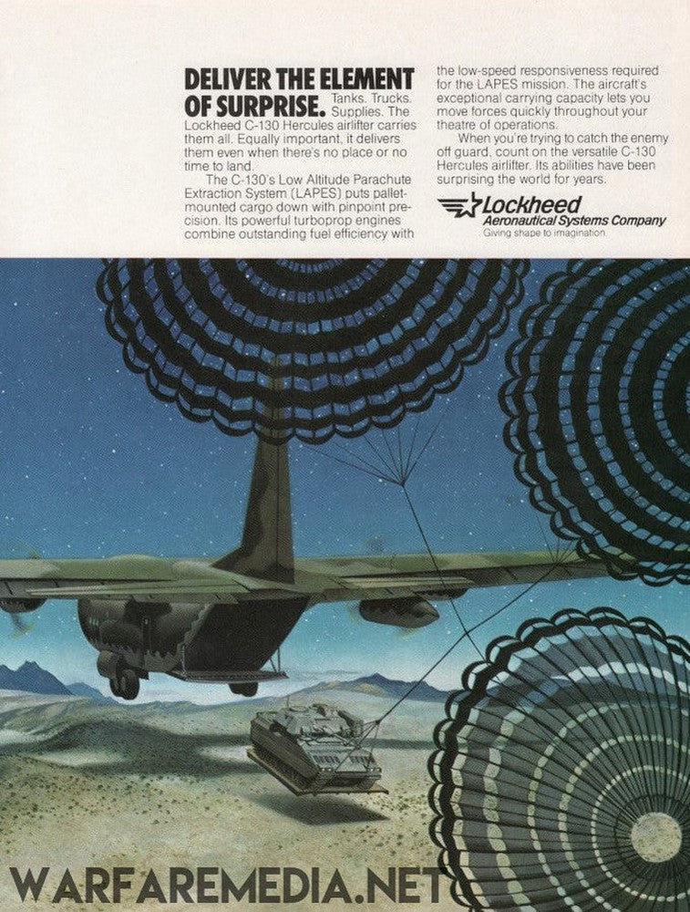 An advertisement features a military aircraft deploying parachutes at night to deliver a large cargo vehicle onto a rocky desert terrain. The text highlights the impressive capability of the Lockheed C-130 Hercules and its Low Altitude Parachute Extraction System (LAPES). This captivating scene is available as high-quality posters, printed on semi-glossy paper, under the product name "Deliver the element of surprise" C-130 LAPES ad by Warfare Media.