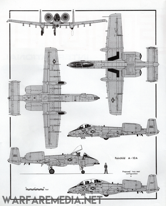 Diagram illustrating multiple views of the Warfare Media A10A Plan View Poster, featuring the front, side, rear, and top angles of a Fairchild Republic A-10A Thunderbolt II aircraft. The semi-glossy paper showcases the aircraft's distinctive shape and design features. Text indicating "Fairchild A-10A" and "Proposed two-seat configuration" is present in the image.