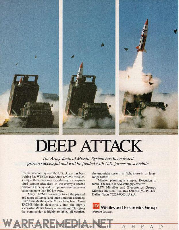 A military vehicle launches a missile, trailing smoke as it ascends. The image is titled "Deep Attack," with text describing the M270 MLRS System's effectiveness and reliability. Available in high-quality posters from Warfare Media, it details the missile system's deployment and includes contact information for LTV Missiles and Electronics Group.