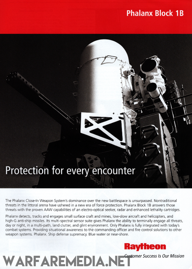 Image of a promotional poster for the Phalanx CIWS Sales Ad, emphasizing its role as a close-in weapon system for naval ships. Printed on FSC-certified paper and showcasing high-quality imagery, it features informative text and the Raytheon logo with a tagline focusing on customer success. The bottom of the poster includes a mention of Warfare Media.