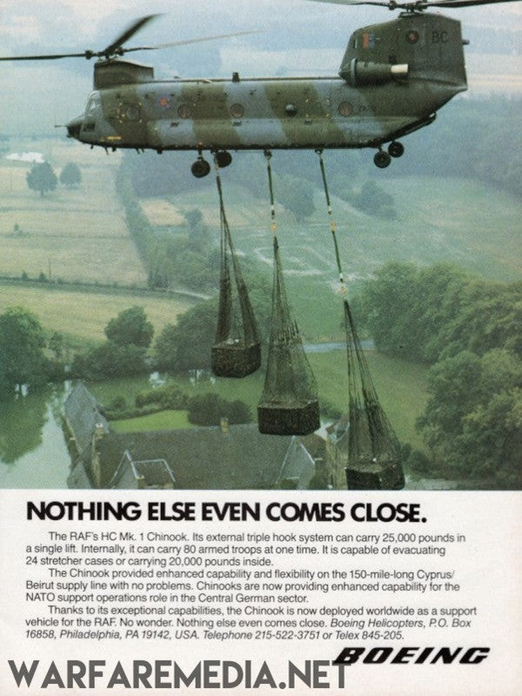 A Boeing CH-47 Chinook helicopter, labeled with the slogan "Nothing else comes close," is shown transporting large loads suspended from its underside as it flies over a rural landscape with fields and a river. The text highlights the RAF's HC Mk. 1 Chinook and its impressive capabilities, such as lifting 25,000 pounds and carrying 44 troops. High-quality posters of this remarkable aircraft are available on FSC-certified paper through Warfare Media.