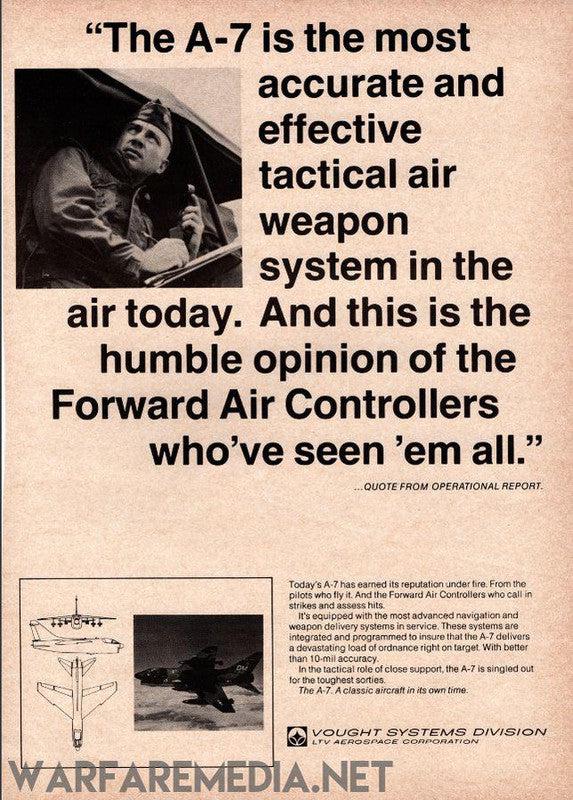 An advertisement for the Vought A-7 "Effective tactical air weapon" by Warfare Media features a quote from Forward Air Controllers praising its accuracy and effectiveness. The ad includes an image of a pilot and a diagram of the aircraft, all printed on high-quality FSC-certified paper posters. The logo and contact information for Vought Systems Division are displayed at the bottom.