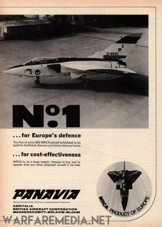 Vintage advertisement showcasing a Panavia Tornado aircraft marked "D-9591" in a hangar. The text emphasizes the aircraft's importance in Europe's defense strategy and its cost-efficiency. The Panavia logo and the phrase "MRCA, Product of Europe" are prominently featured on high-quality posters printed on semi-glossy paper, available from Warfare Media under the name Panavia Tornado Sales Ad.