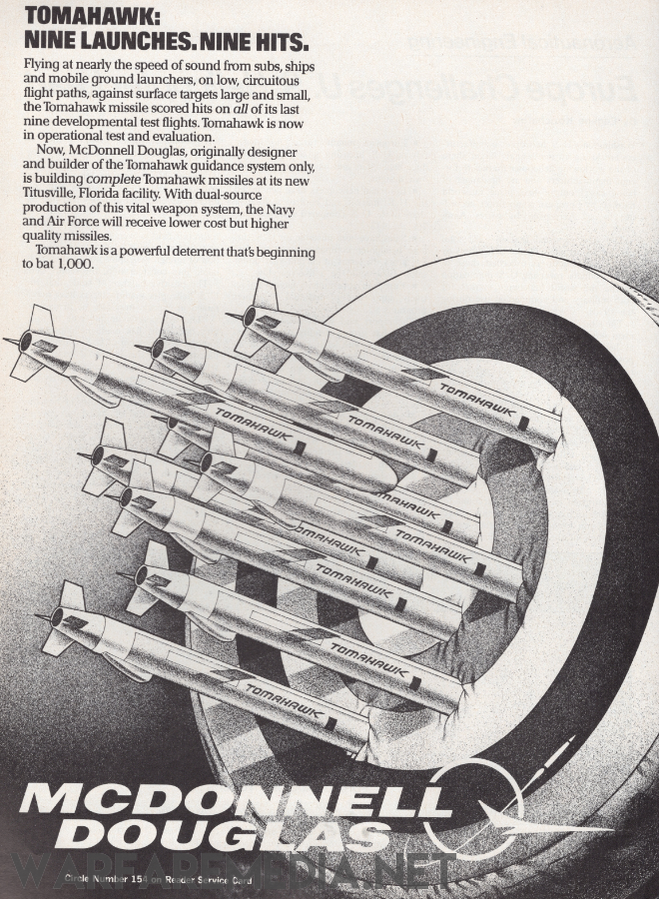 A magazine advertisement for the Tomahawk Cruise Missile "Nine Launches. Nine Hits" Sales Ad by Warfare Media showcases nine labeled missiles with a target design in the background. At the bottom, the McDonnell Douglas logo and company name are prominently displayed, highlighting their dedication to strong packaging. The ad features a black-and-white color scheme, with additional text providing further details.