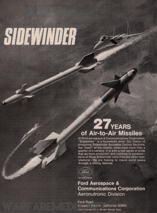 A vintage advertisement for Warfare Media's Sidewinder Sales Ad features the iconic Sidewinder air-to-air missiles soaring through the sky. The text spotlights "27 years of air-to-air missiles" and showcases Ford Aerospace & Communications Corporation's Aeronutronic Division, available as high-quality posters in robust packaging.