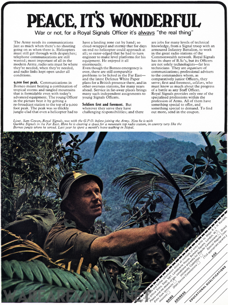 Warfare Media's vintage Royal Signals "Peace, its a wonderful thing" Recruitment Advert highlights the pivotal role of Royal Signals Officers in the Army. Printed on semi-glossy paper, this high-quality poster features a soldier in a jungle scene on the bottom left and includes a feedback form on the bottom right, making it perfect for enthusiasts seeking premium posters.