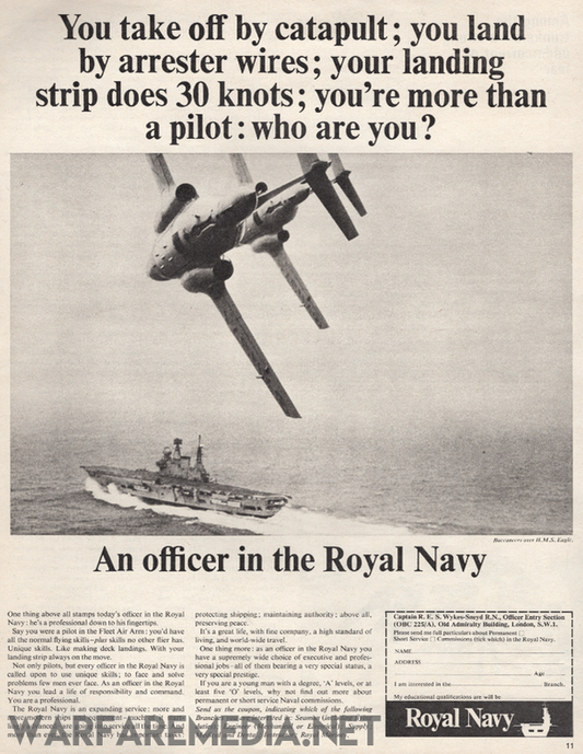 The Royal Navy FAA Officer Recruitment Advert by Warfare Media is a vintage poster printed on FSC-certified paper, featuring a fighter jet soaring over an aircraft carrier at sea. The text reads, "You take off by catapult; you land by arrester wires; your landing strip does 30 knots; you're more than a pilot: who are you? An officer in the Royal Navy.