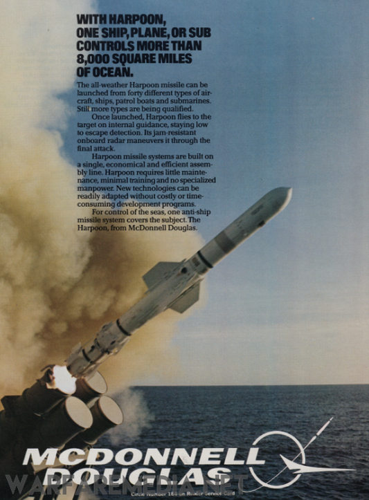 Promotional material from Warfare Media showcases the Harpoon ASM Sales Ad, depicting a Harpoon missile being launched from a ship. The text emphasizes the missile's versatility and its ability to control over 8,000 square miles of ocean, highlighting its advanced technology and ease of installation. Available as high-quality posters on semi-glossy paper.