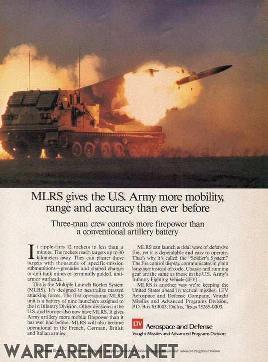 A vintage advertisement for the U.S. Army's M270 MLRS (Multiple Launch Rocket System) from Warfare Media illustrates the system launching rockets, accompanied by text emphasizing its mobility, range, and accuracy. Printed on high-quality semi-glossy paper, it showcases a three-man crew, enhanced firepower, and detailed specifications for the M270 MLRS.