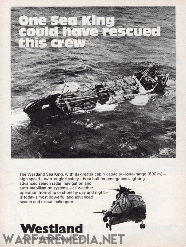 A monochrome advertisement features a sinking ship with the caption, "One Sea King could have rescued this crew." Below, high-quality posters from Warfare Media detail the Westland Sea King "Could Have Rescued This Crew" Advert, showcasing its impressive cabin capacity, extensive range, high speed, twin-engine safety, and advanced rescue technology.