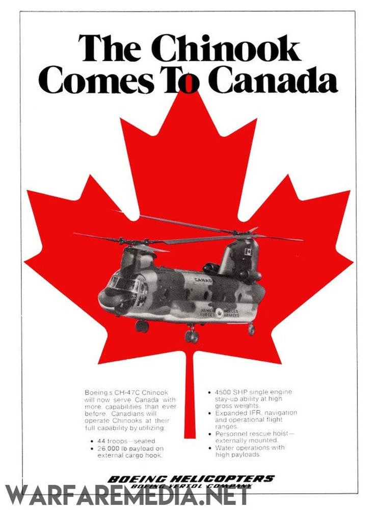 A high-quality poster from Warfare Media, titled "The Chinook Comes to Canada," showcases a stunning red maple leaf background with a centrally positioned Boeing CH-47C Chinook helicopter. The text highlights the helicopter's arrival in Canada. This detailed print, featuring cargo capabilities and technical specifications, is produced on FSC-certified paper and is securely packaged for safe delivery.