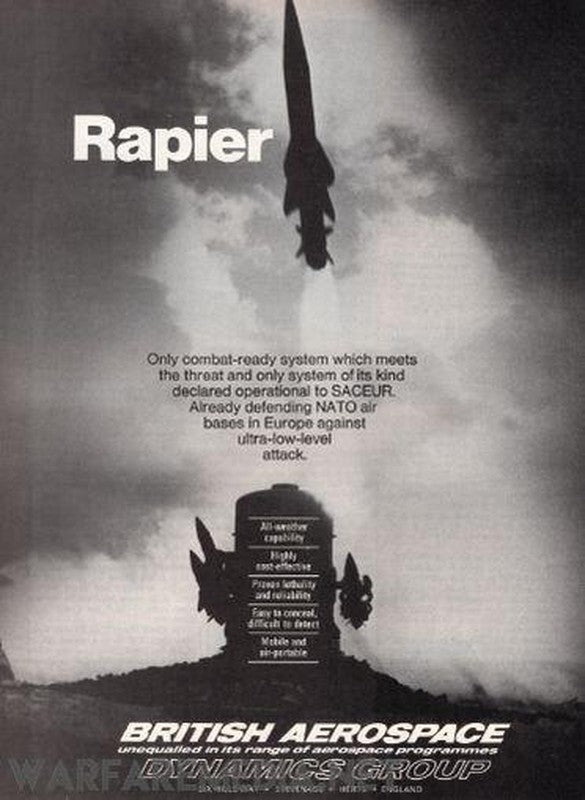 Warfare Media's striking Rapier Sales Ad, featuring a black and white design with vivid flames and a dramatic missile launch, is printed on high-quality posters. The bold text announces: "Rapier - Only combat-ready system which meets the threat and only system of its kind declared operational to SACEUR. Already defending NATO air bases." Proudly marked by British Aerospace Dynamics Group.