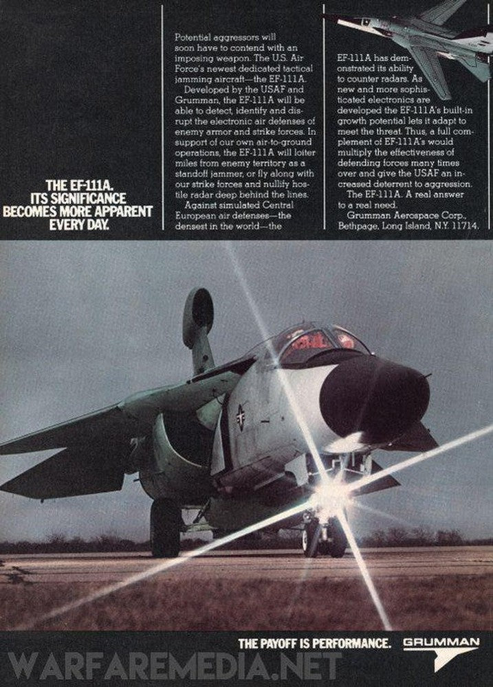 A vintage advertisement, printed on semi-glossy paper, features the Grumman EF-111A Raven military aircraft on a runway against a dusk sky. The text describes its capabilities and significance for the U.S. Air Force, emphasizing its advanced technology and importance in national defense. Grumman's logo is displayed prominently, while Warfare Media's branding underscores the presentation.