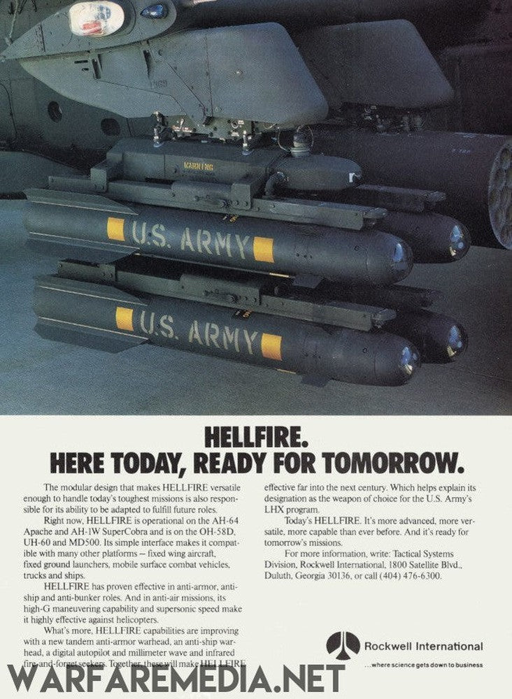 Advertisement for Warfare Media featuring Hellfire missile "Here today, ready for tomorrow" Sales Ad attached to a U.S. Army aircraft. The text promotes the advanced capabilities of the missiles and emphasizes their readiness for present and future combat scenarios, showcased on high-quality posters. The company logo is at the bottom right.